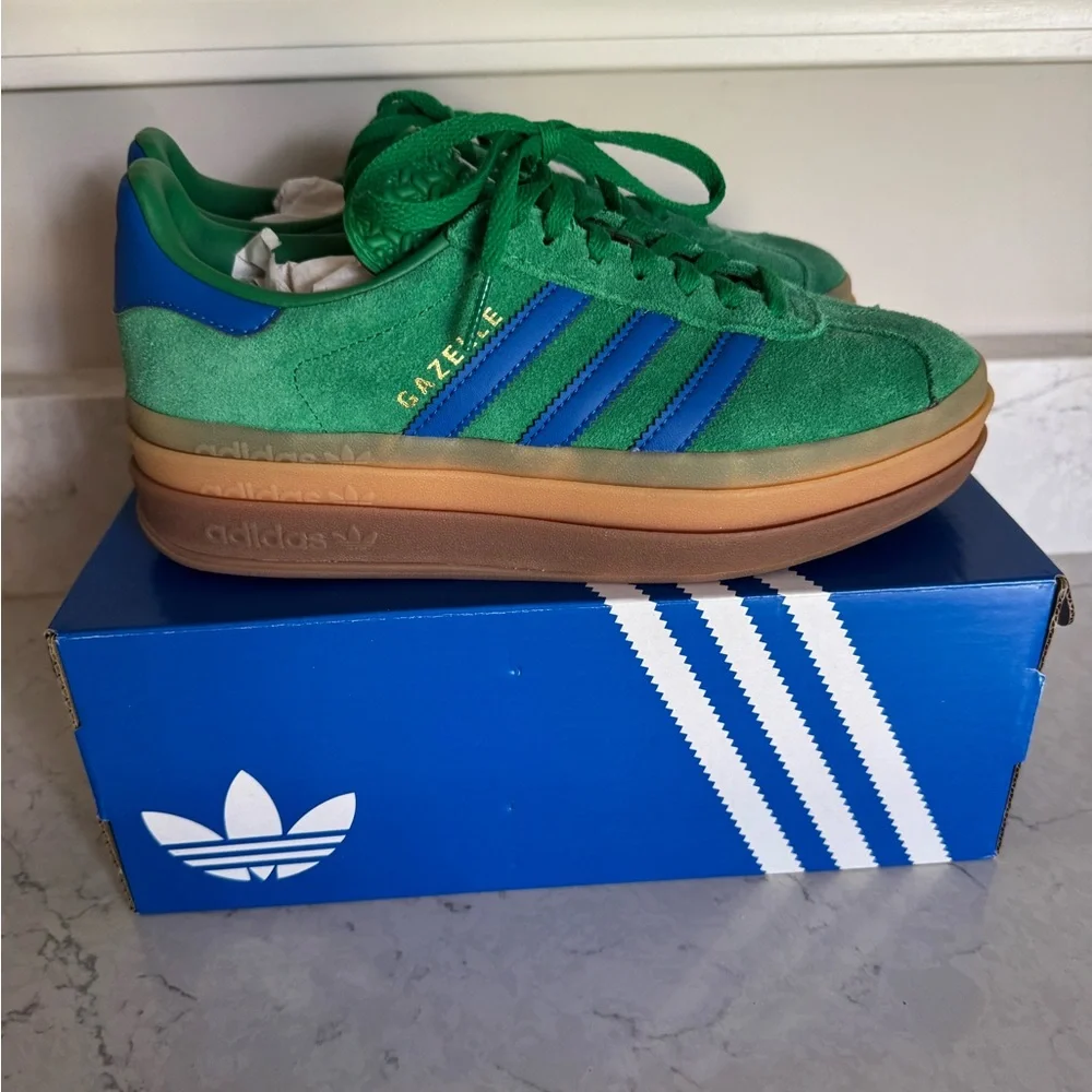 adidas Green Suede Sneakers with Blue Stripes and Gum Sole - Picture 2 of 4